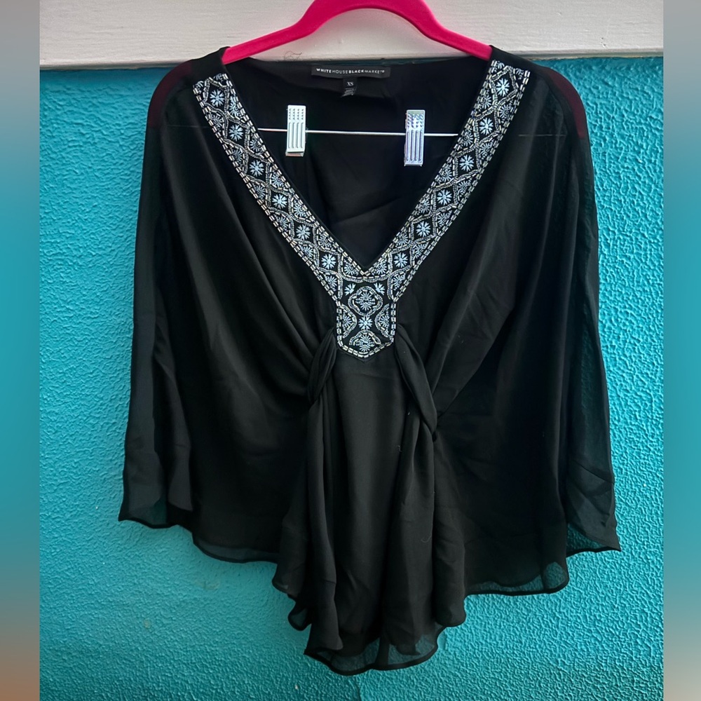 White House Black Market Black Tunic with Silver Beaded V-Neck XS